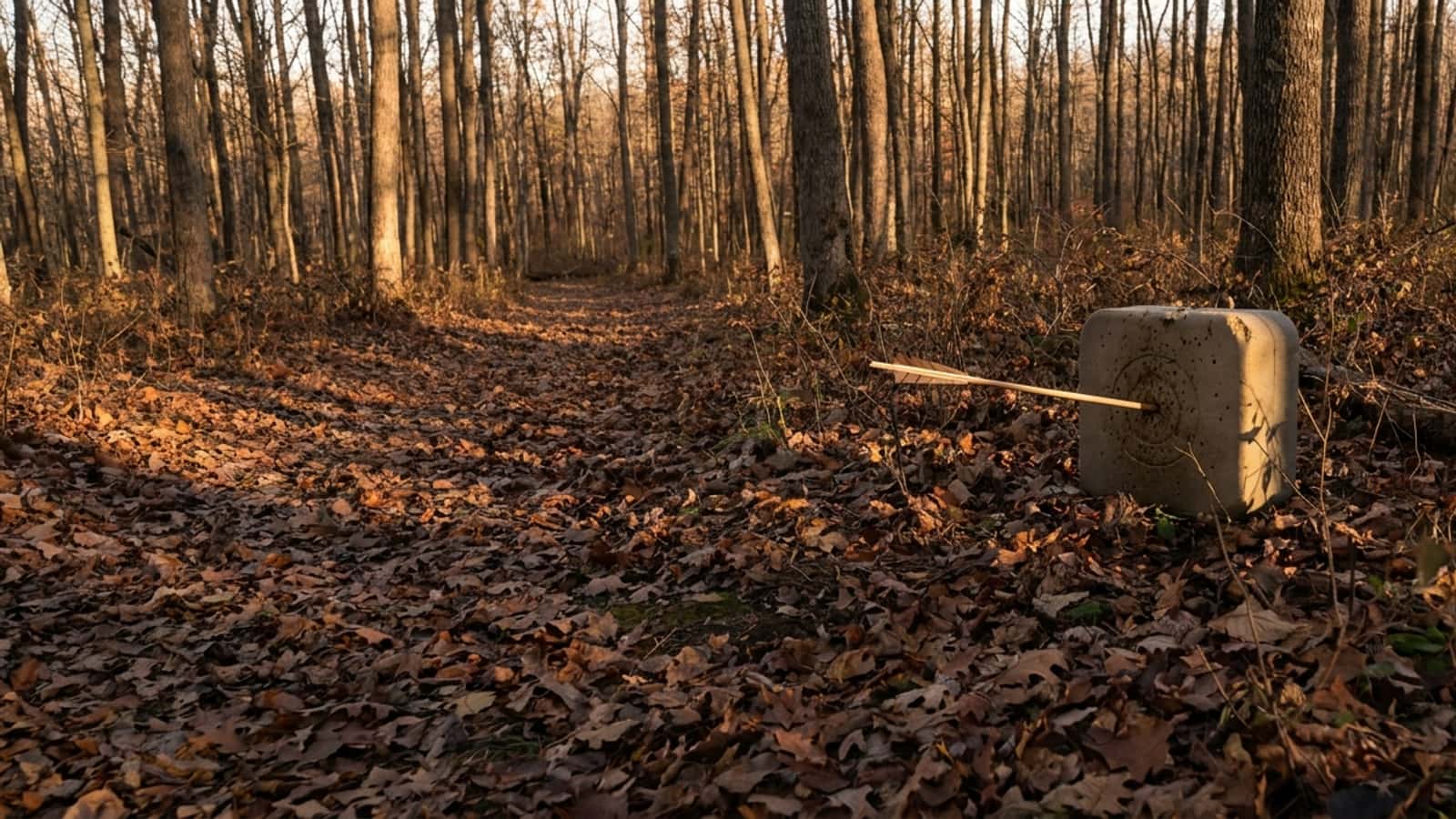 An autumn forest floor with an arrow in a foam target block, low light through the timber