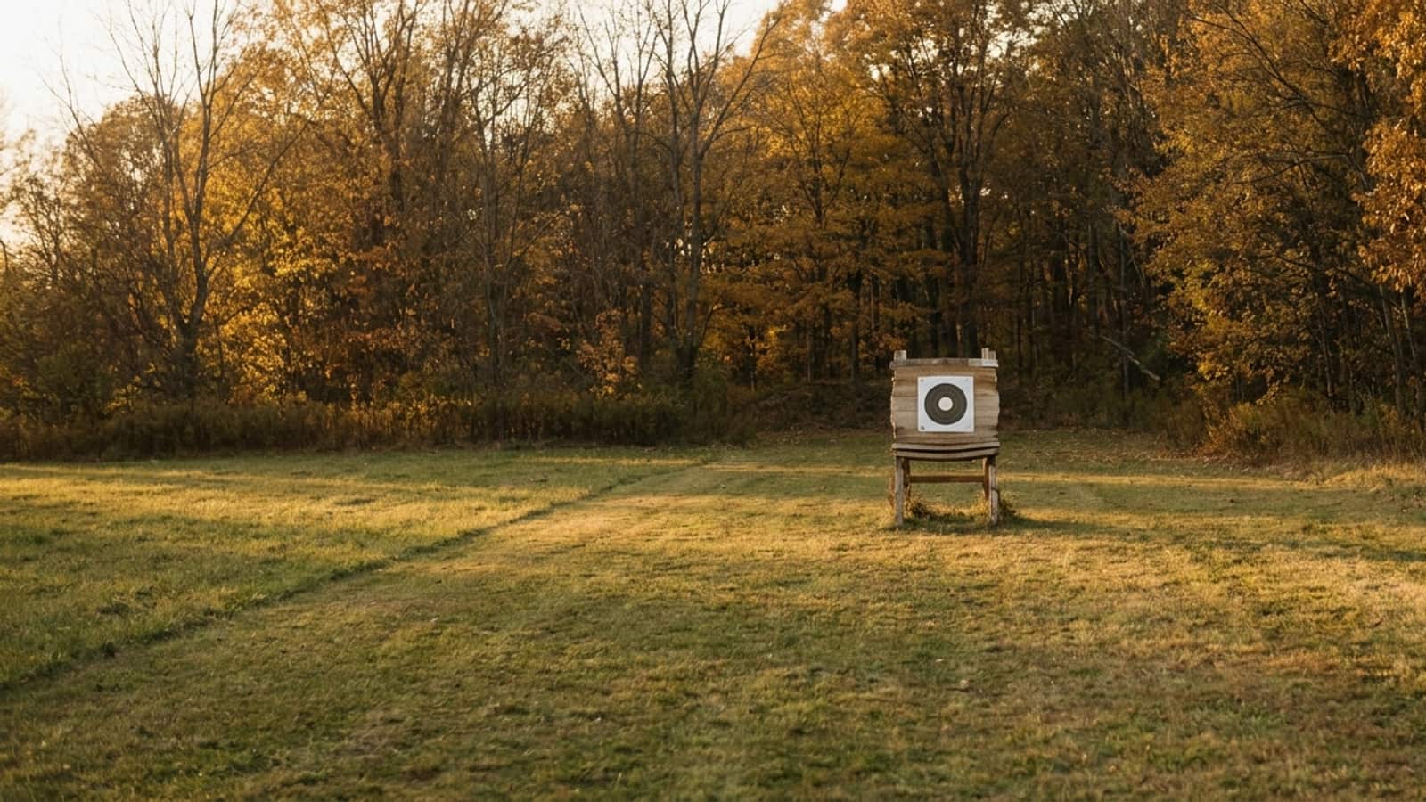 A backyard archery practice lane at golden hour, a paper target downrange against an autumn treeline